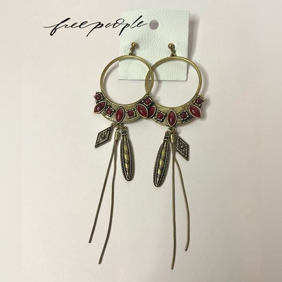Free People Jewelry - NWT Free People Winona Hoops - Gold Brass with Red Coral Stones
